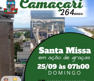 Missa em ação de graças pelo aniversário de Camaçari será celebrada no próximo domingo (25/09)