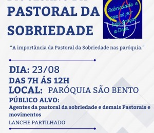 Pastoral da Sobriedade promove encontro formativo no domingo (23/08)