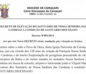 Santuário de Nossa Senhora das Candeias é elevado á condição de santuário Diocesano