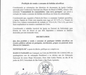 Decreto proíbe uso de bebidas alcoólicas em atividades da Diocese de Camaçari