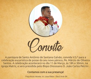 Posse de pároco na Paróquia Santo Antônio de Santana Galvão acontece neste sábado (11)